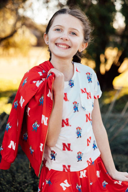 Nebraska White Herbie Husker Ruffle Pocket Tee
