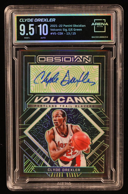 Clyde Drexler 2021-22 Panini Obsidian Volcanic Signatures Electric Etch Green #22 #13/15 (Arena 9.5 | Autograph )