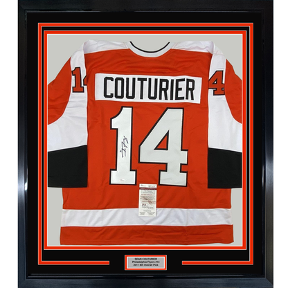 Framed Autographed/Signed Sean Couturier 35x39 Philadelphia Orange Hockey Jersey JSA COA
